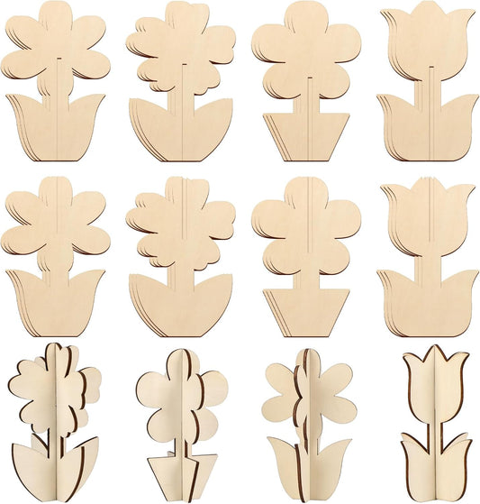 COCHIE DIY 3D Flower Spring Wood Crafts to Paint for Kids Adults, Paintable Unfinished Wooden