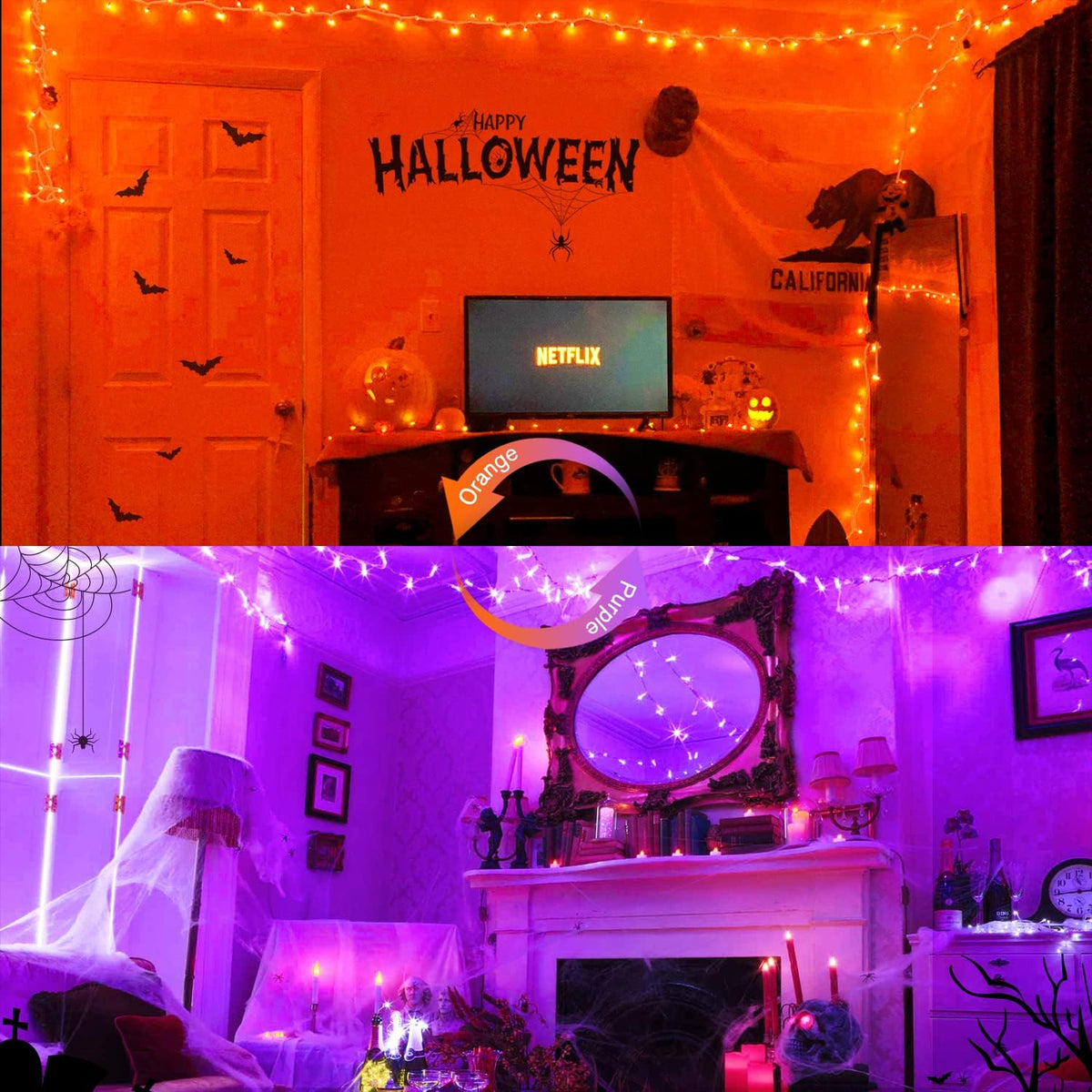 JMEXSUSS 100 LED Orange & Purple Halloween Lights - Plug in, Connectable Color Changing String
