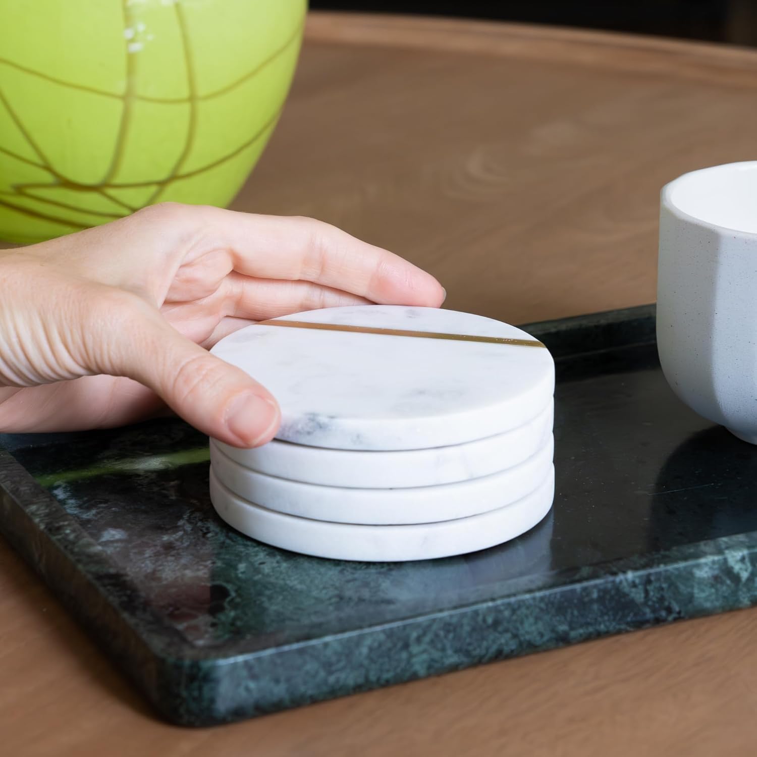 Cork & Mill Marble Coasters Set of 6 - Luxury Aesthetic Modern Decor for Coffee Table- White Marble