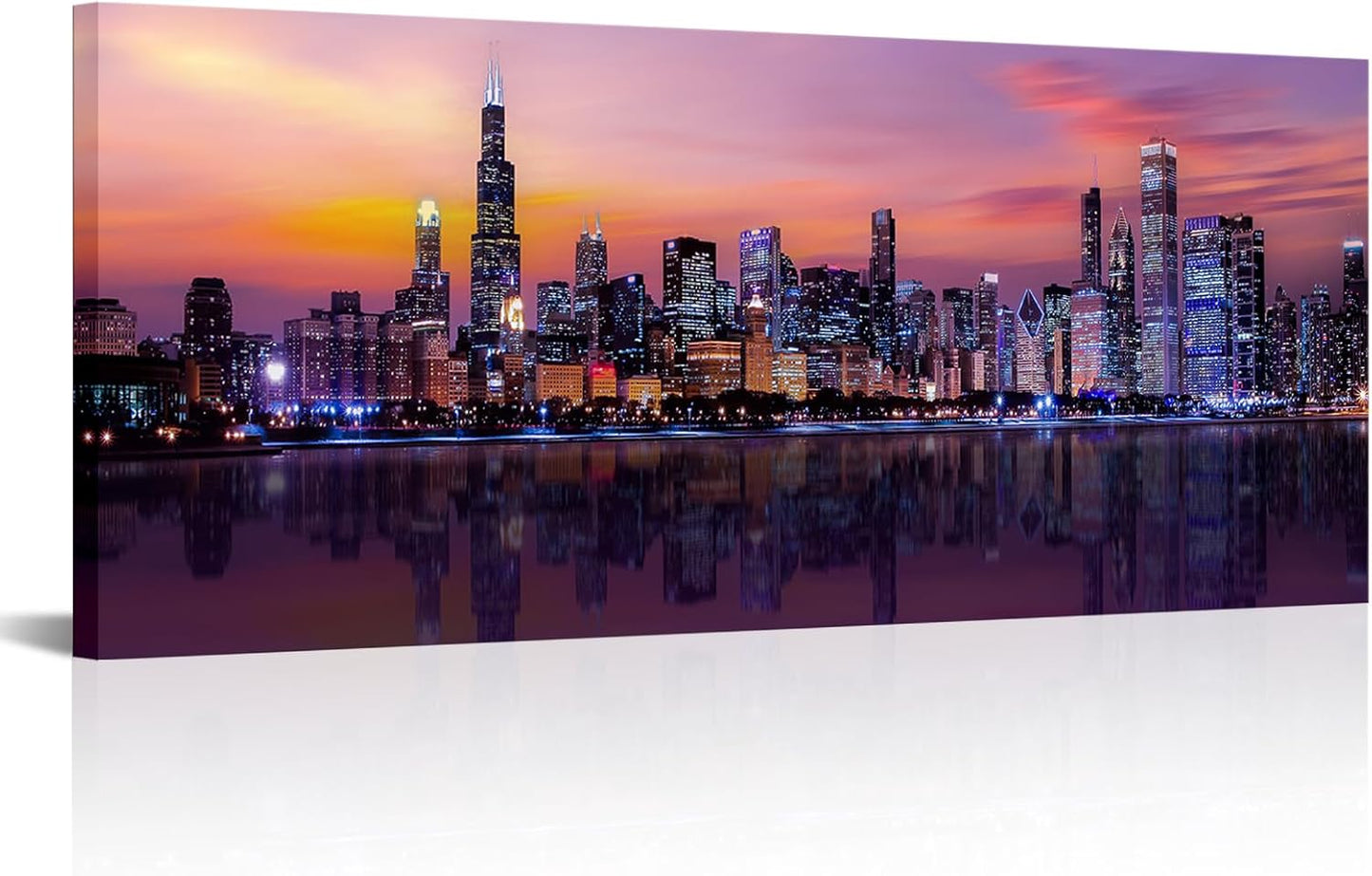 Fochorlo Large Chicago Canvas Modern City Skyline Wall Art Downtown Night Picture Prints Ready To