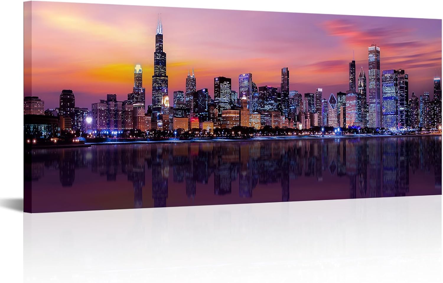 Fochorlo Large Chicago Canvas Modern City Skyline Wall Art Downtown Night Picture Prints Ready To
