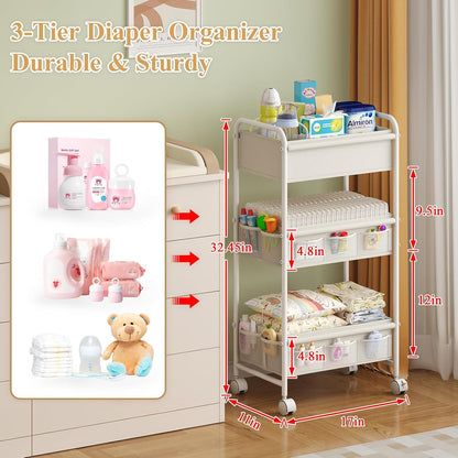 3-Tier Baby Diaper Caddy Cart Organizer,Mobile Nursery Organization with Wheels,with 2 Dividers &