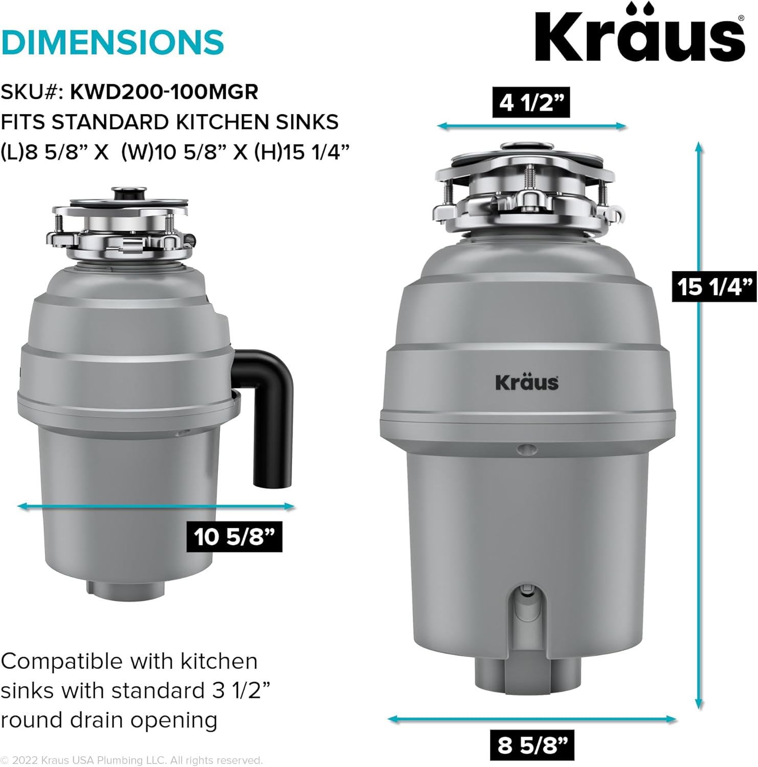 KRAUS WasteGuard High-Speed 1 HP Continuous Feed Ultra-Quiet Motor Garbage Disposal with Power Cord