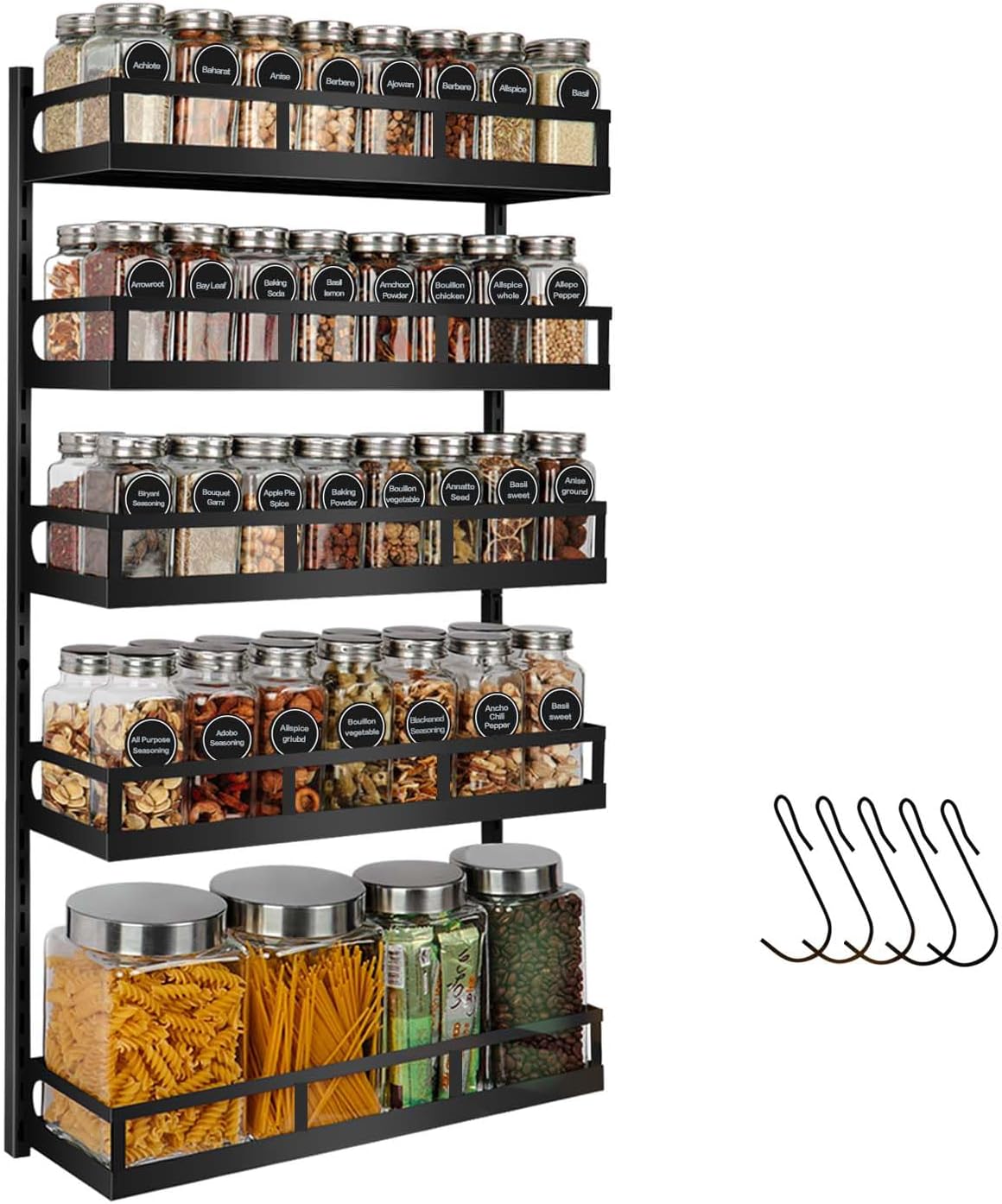 X-cosrack Wall Mount Spice Rack Organizer 5 Tier Height-Adjustable Hanging Spice Shelf Storage for