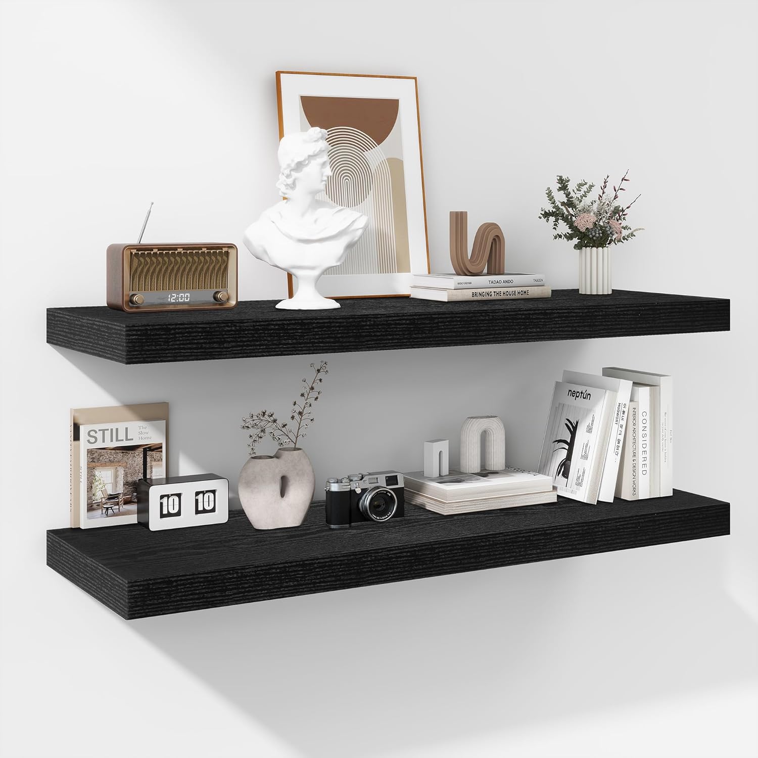 Fun Memories Floating Shelves - 2 Pack 12 Inch Rustic Wooden Wall Shelves - Extra Deeper & Thicker