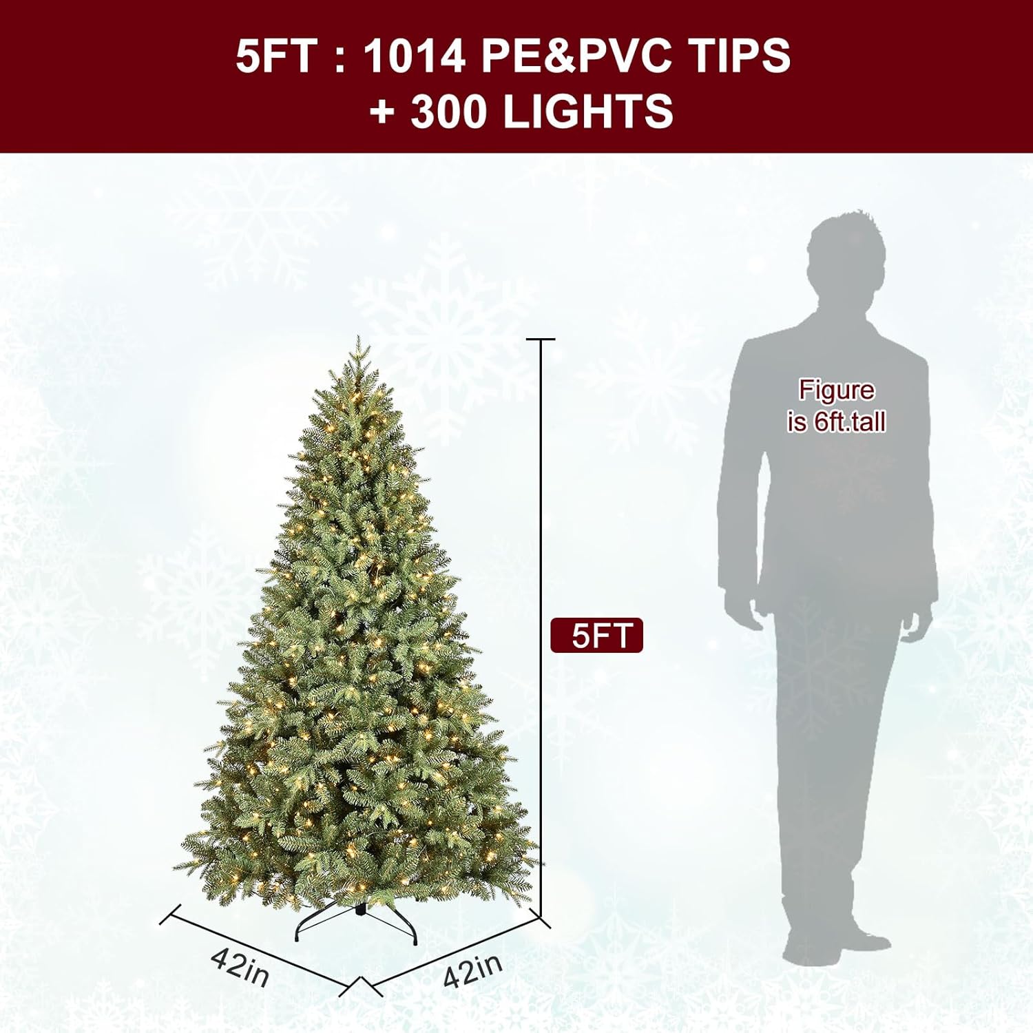 5FT Pre-Lit Artificial Christmas Tree with 1032 PE&PVC Mixed Branch Tips, 300 Warm White Lights