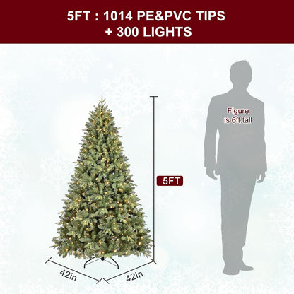 5FT Pre-Lit Artificial Christmas Tree with 1032 PE&PVC Mixed Branch Tips, 300 Warm White Lights