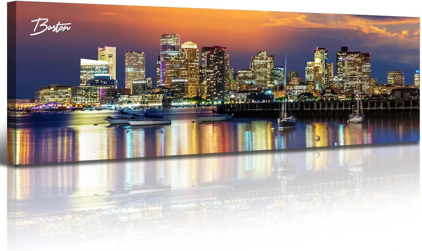 DJSYLIFE Boston Skyline Wall Art Canvas Prints Colorful USA City Night Pictures Modern Panoramic
