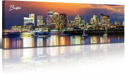 DJSYLIFE Boston Skyline Wall Art Canvas Prints Colorful USA City Night Pictures Modern Panoramic