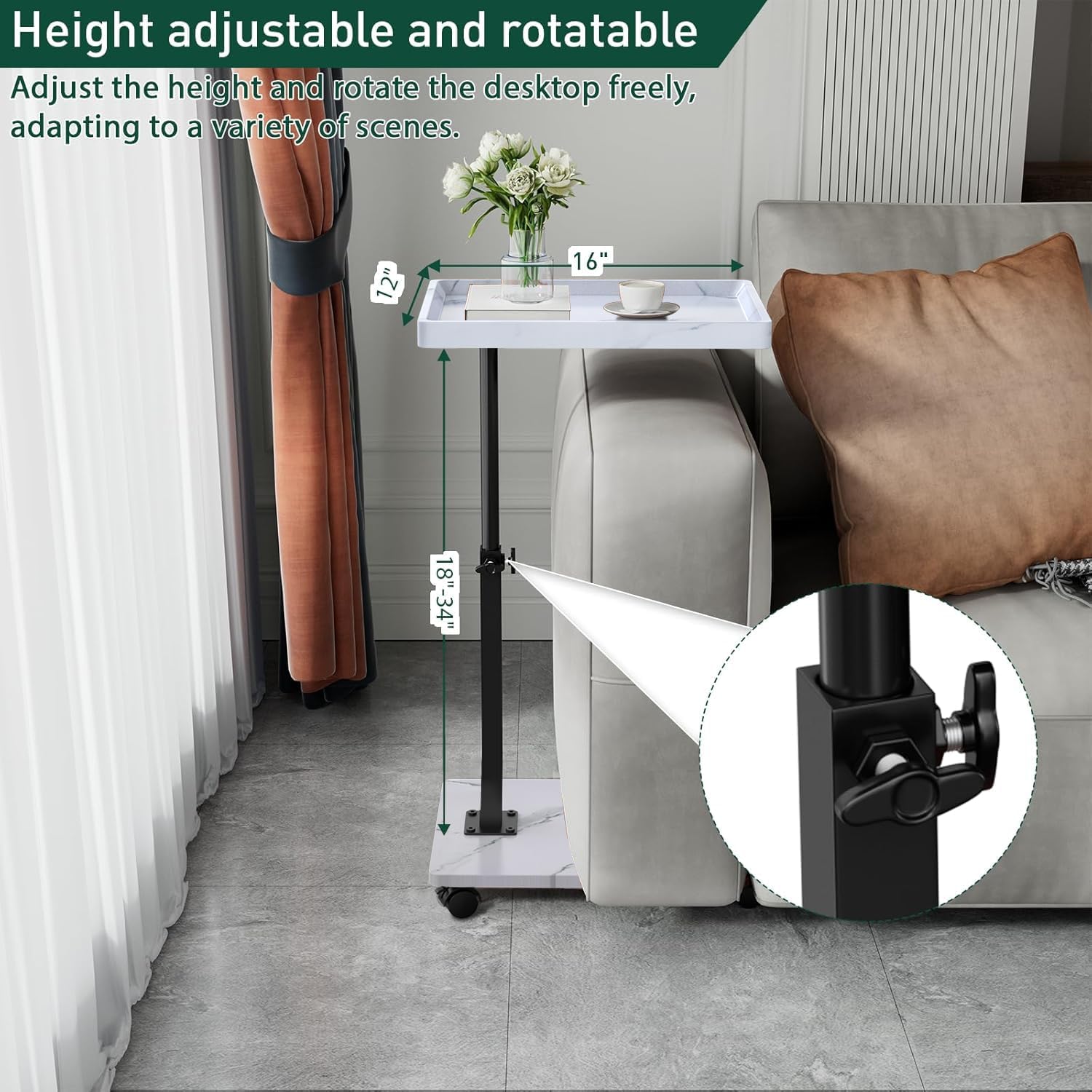 C Table End Table Adjustable Height, 360°Swivel TV Tray Table for Small Spaces, Couch Tables That