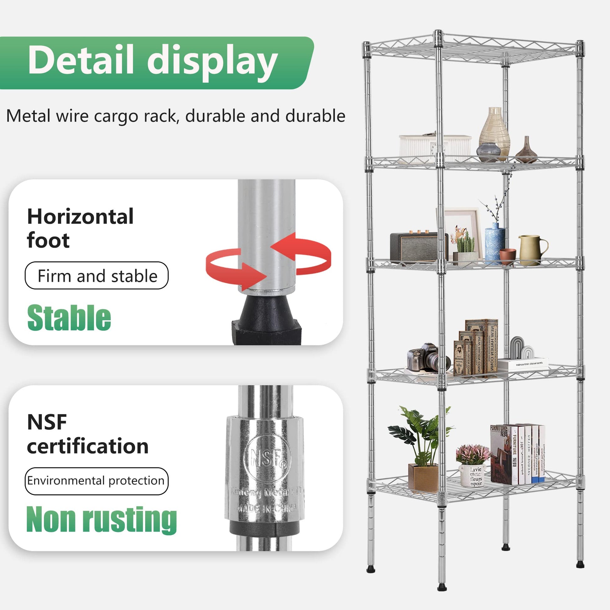 FDW 5 Tier Wire Shelving Adjustable Metal Shelves 17L x 12W x 48H NSF Pantry Shelves Storage Rack