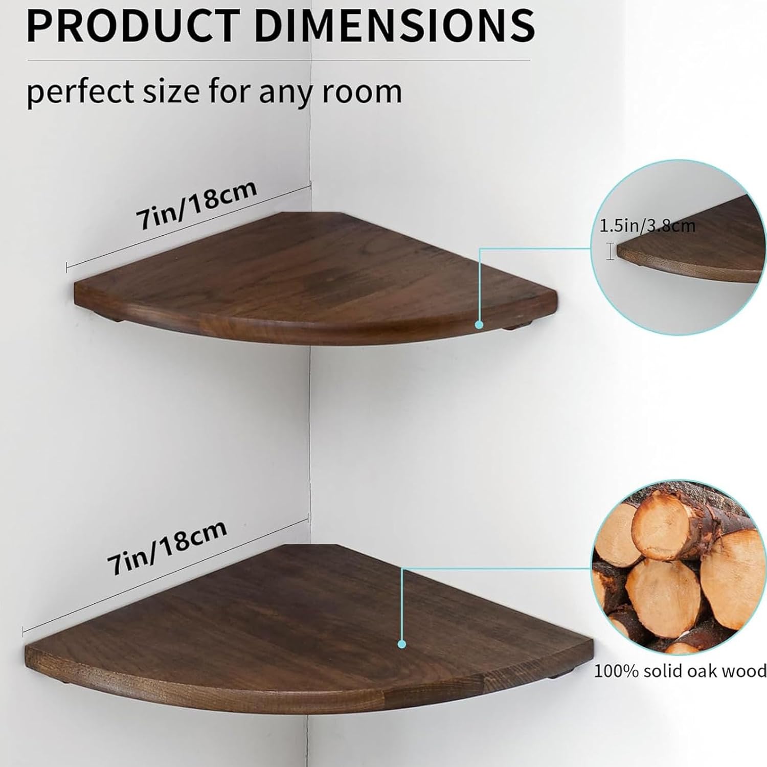 Corner Shelves, Floating Corner Shelf, Set of 2 7inch Solid Oak Wood Corner Wall Shelves, Round End