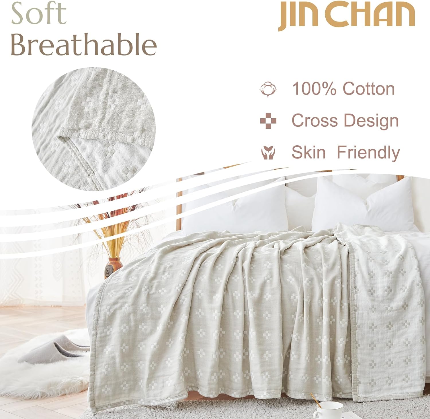jinchan Boho 100% Cotton Blanket Muslin Twin Size 60x80 Inches Lightweight 3-Layer Geometric Cross