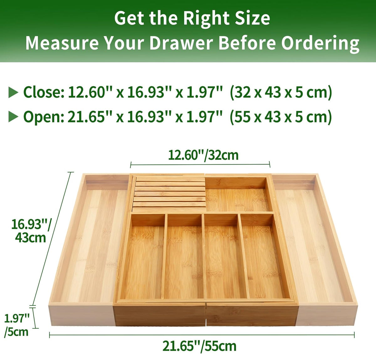 VaeFae Bamboo Silverware Drawer Organizer Kitchen, Expandable Utensil Organizer with Knife Block