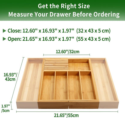 VaeFae Bamboo Silverware Drawer Organizer Kitchen, Expandable Utensil Organizer with Knife Block
