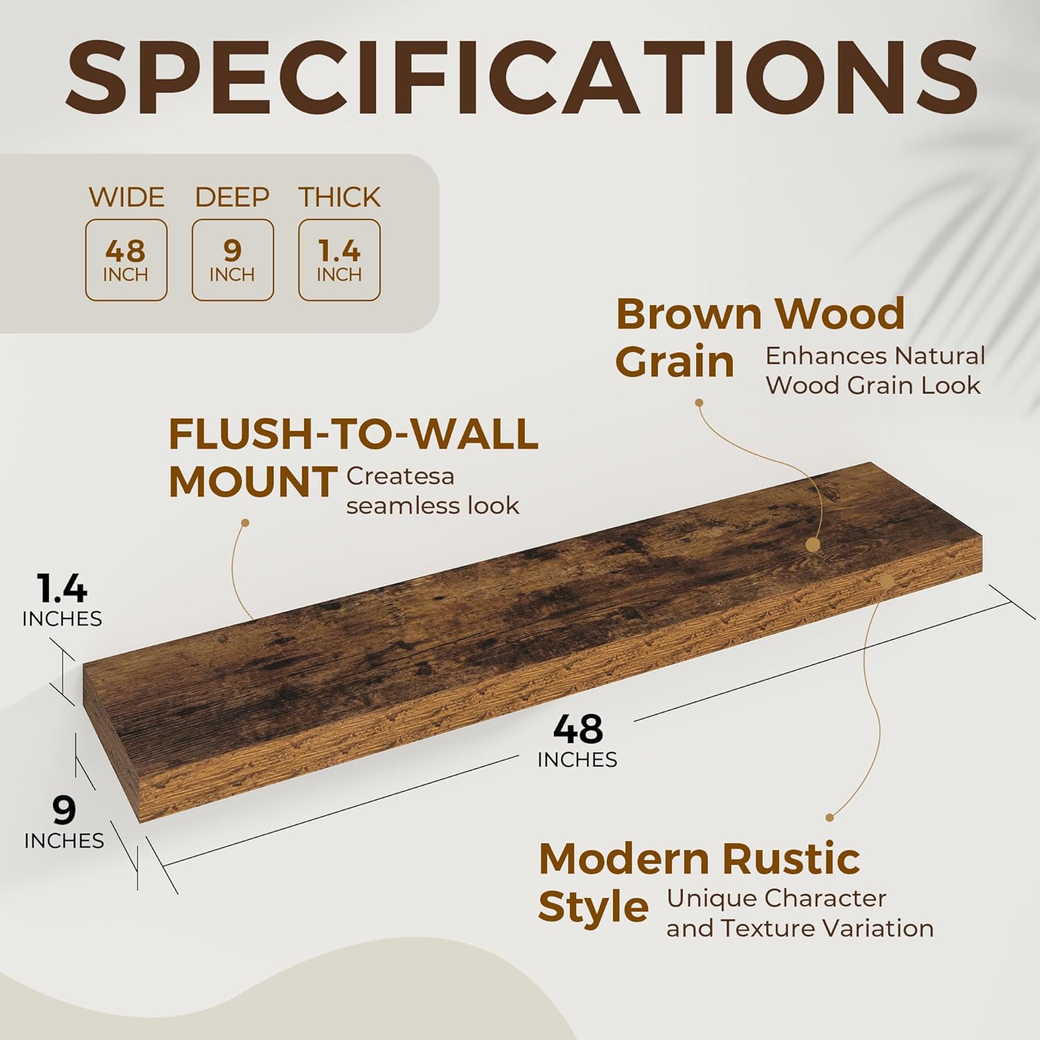 48 inch Floating Shelves for Wall Large Wall Mounted Shelves with Invisible Brackets, Brown Long