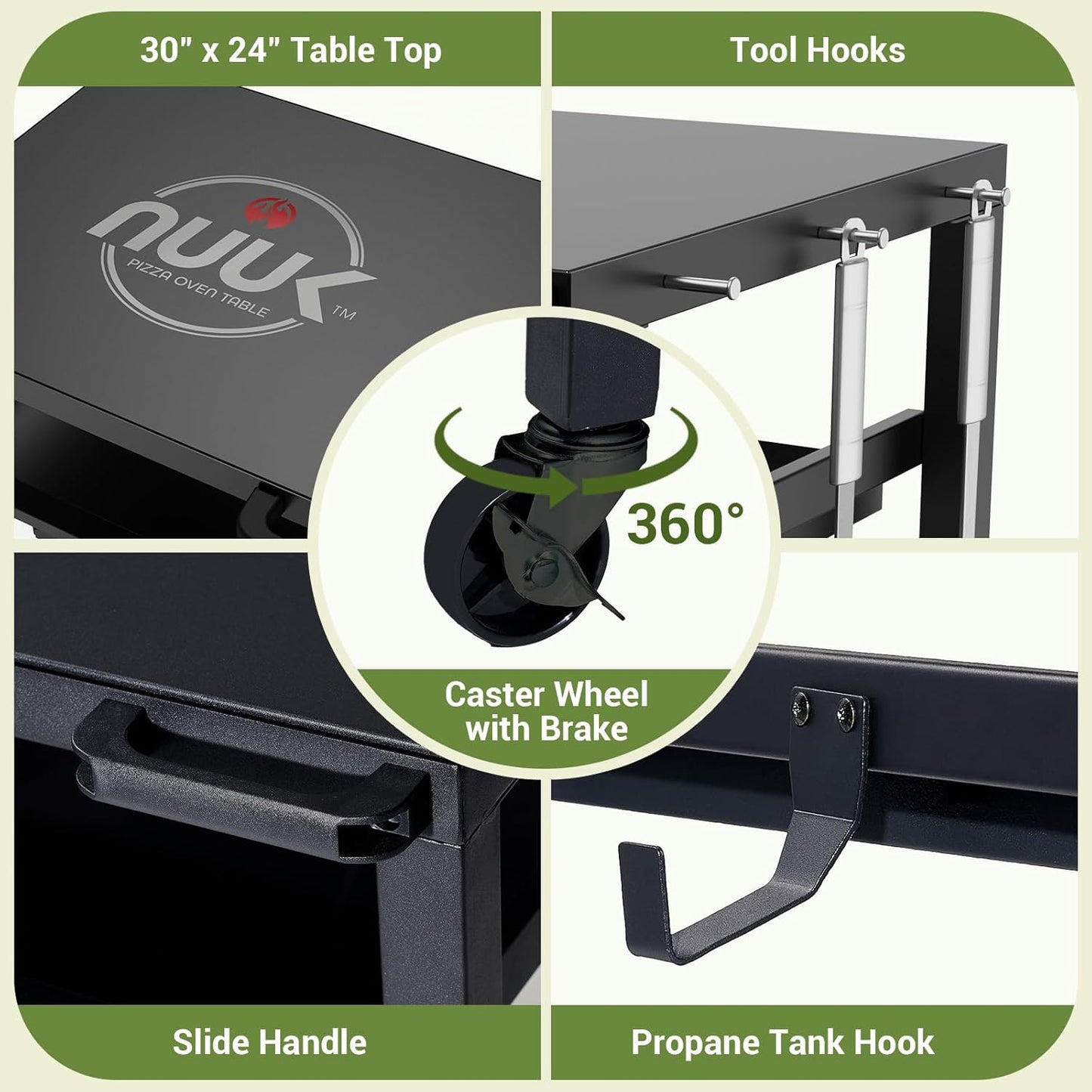 NUUK Outdoor Grill Prep Table 24"x30" Metal Grill Cart Outside 3-Layer Pizza Oven Table Movable