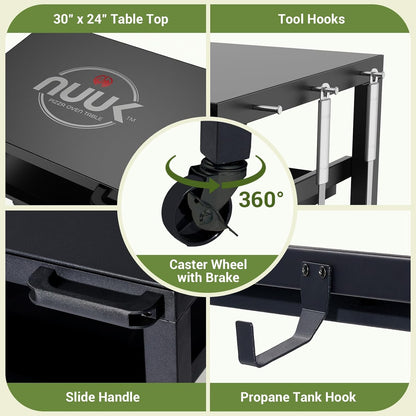 NUUK Outdoor Grill Prep Table 24"x30" Metal Grill Cart Outside 3-Layer Pizza Oven Table Movable