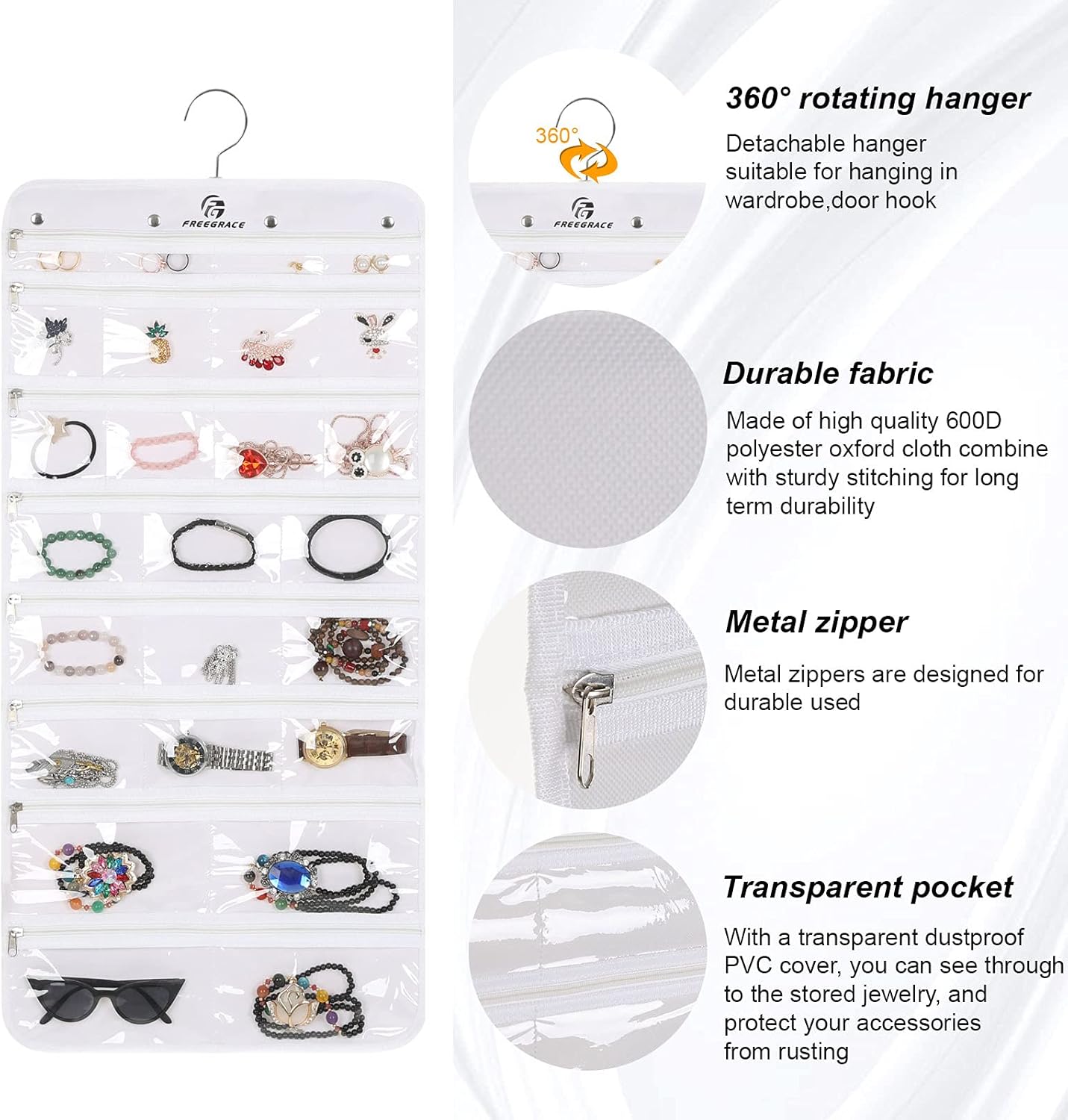 Freegrace Hanging Jewelry Organizer Revolving Hanger - Secure Zipper Closure - 50 Pockets
