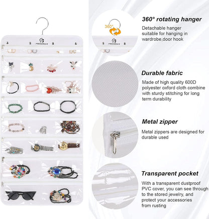 Freegrace Hanging Jewelry Organizer Revolving Hanger - Secure Zipper Closure - 50 Pockets