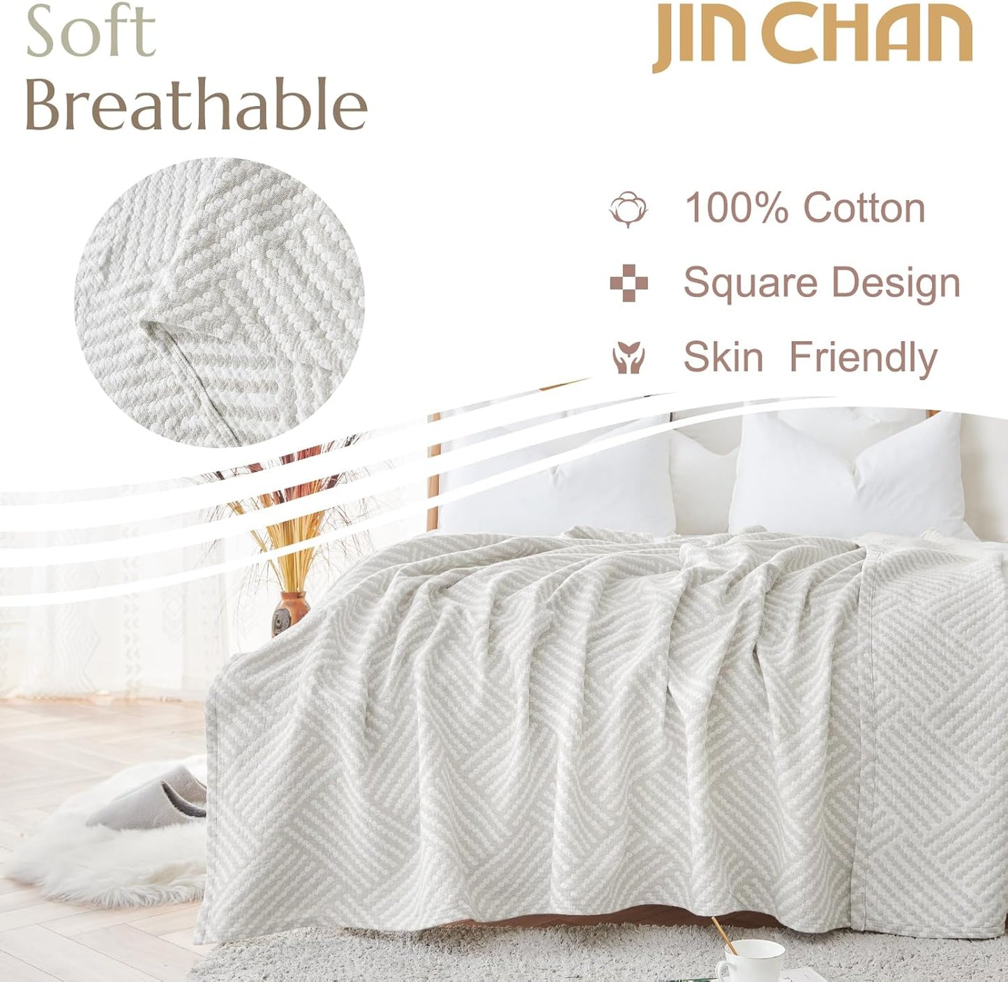 jinchan Boho 100% Cotton Blanket Muslin 50x60 Inches Lightweight 3-Layer Geometric Square Striped