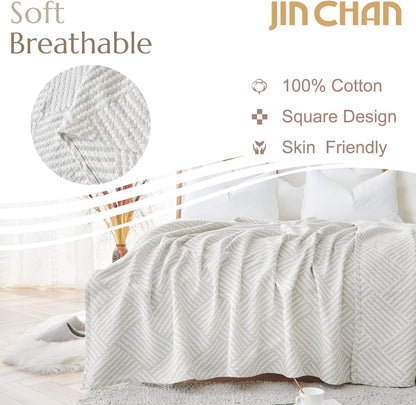 jinchan Boho 100% Cotton Blanket Muslin Twin Size 60x80 Inches Lightweight 3-Layer Geometric Square