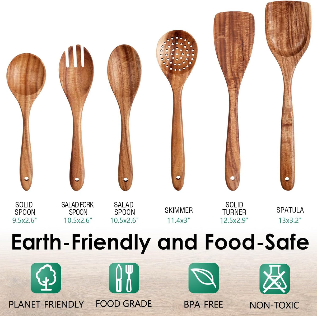 Wooden Spoons for Cooking 6 Piece - Natural Teak Wood Kitchen Utensils Set - Smooth Finish Soft