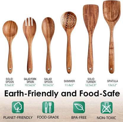 Wooden Spoons for Cooking 6 Piece - Natural Teak Wood Kitchen Utensils Set - Smooth Finish Soft