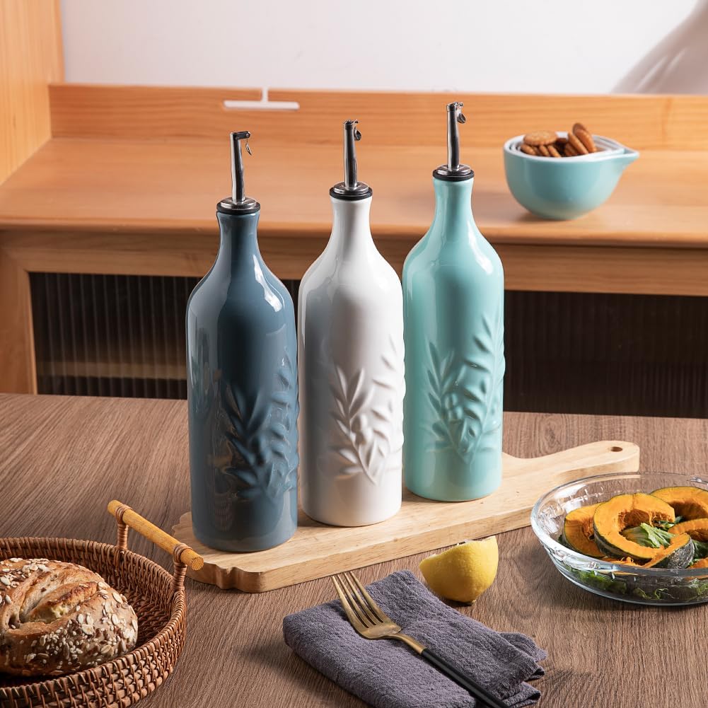 Sweejar Large Ceramic Olive Oil Dispenser Bottle, 24 Oz Relief Opaque Oil Cruet Protects Oil To