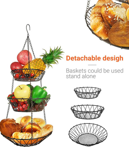 3 Tier Hanging Basket with Sturdy Metal Chain Hanging Hooks Fruit and Vegetable Basket Heavy Duty