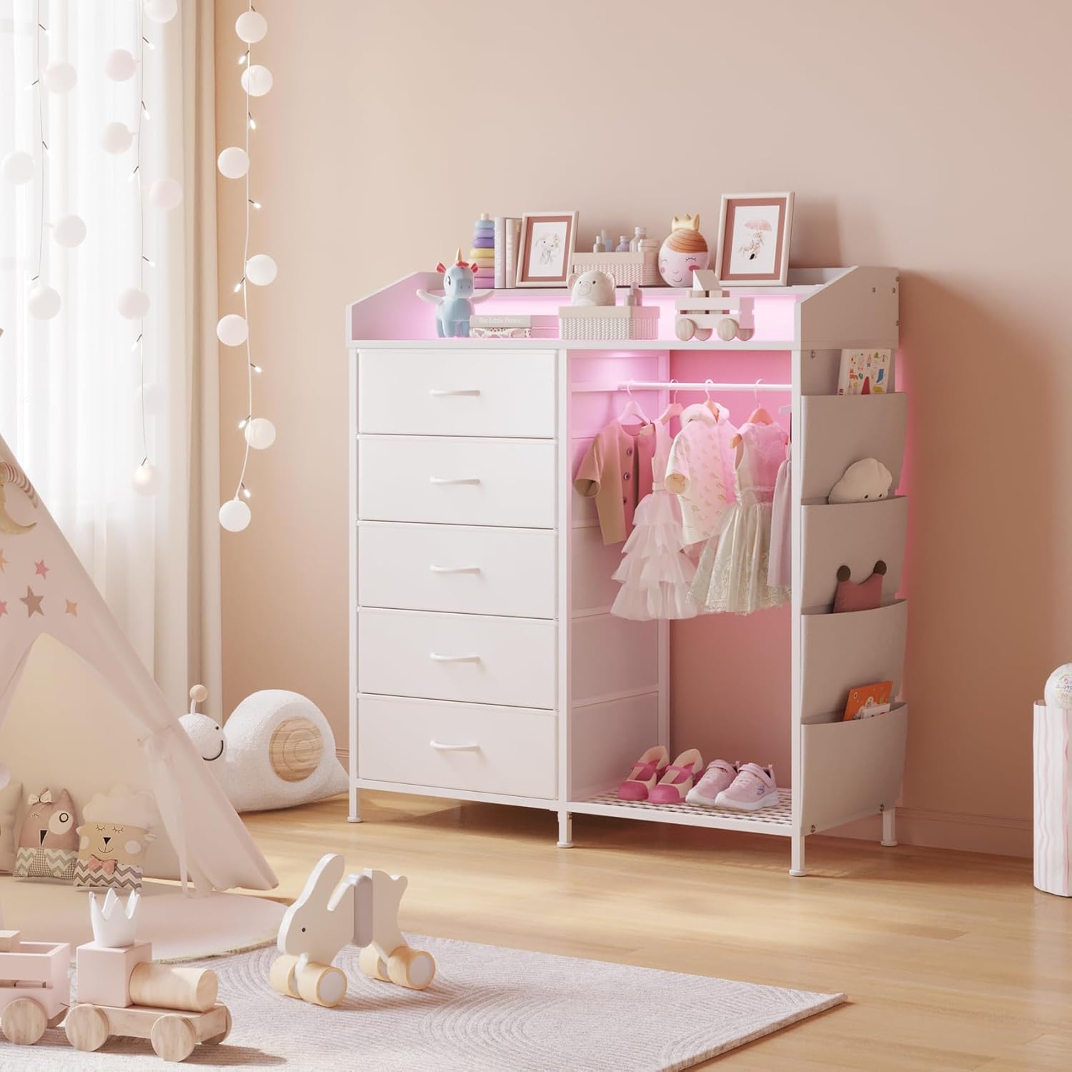 LUMTOK Modern 5 Dresser with LED Hanging Rack, Dresser with Clothes Rack, Hanger Rack, and Storage