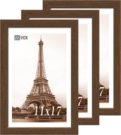 VCK 11x17 Picture Frame 3 Pack, Brown Wood Poster Frame with Exclusive Wood Grain, Wall Mounting