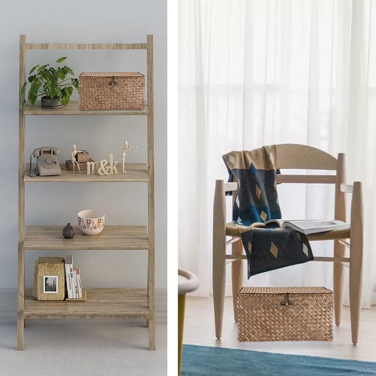 Hipiwe Wicker Shelf Baskets Storage Bin with Lid Handwoven Seagrass Basket