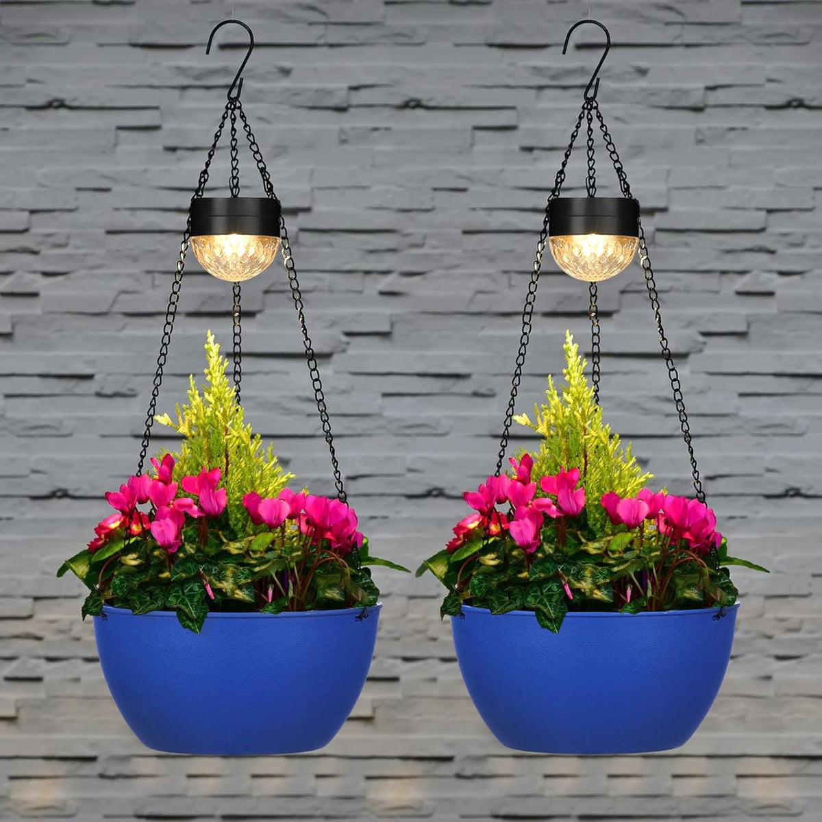2 Packs Solar Hanging Basket Planters for Plants Outdoor, Self Watering Blue Flower Plants Pots