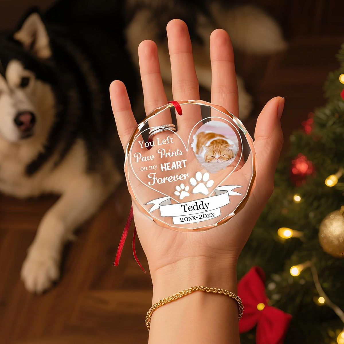 Personalized Memorial Pet Glass Ornament - Custom Picture Christmas Ornaments, Dog Forever in Our