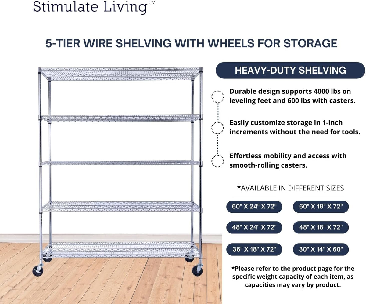 60"x18"x72" PRIME HEAVY DUTY Chrome 5-Tier Wire Shelving 4000 LBS MAX Capacity Storage Rack for