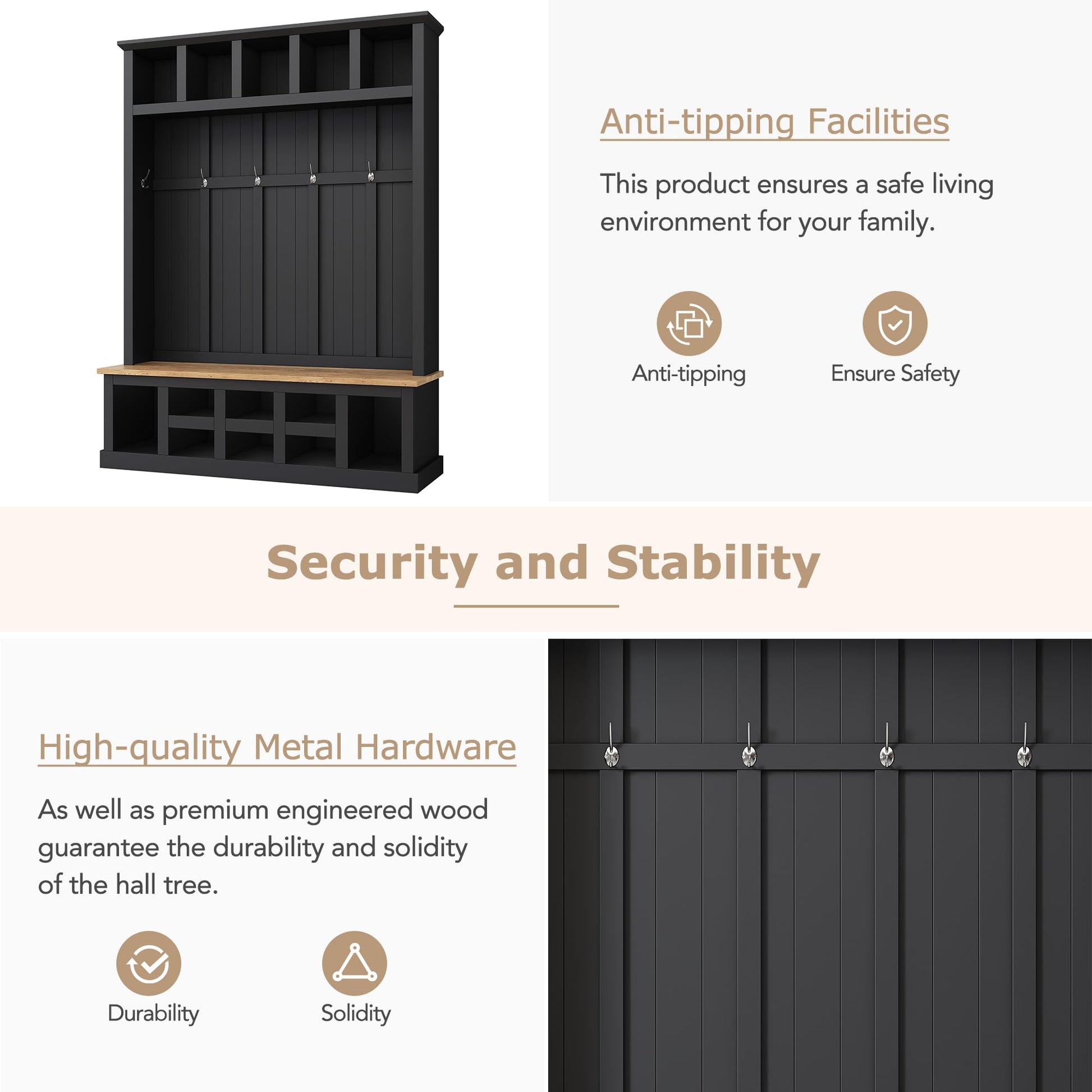 Farmhouse Wood Hall Tree with Bench and Shoe Storage, 5-in-1 Coat Rack with 6 Hooks for Entrance
