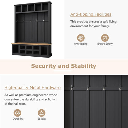 Farmhouse Wood Hall Tree with Bench and Shoe Storage, 5-in-1 Coat Rack with 6 Hooks for Entrance