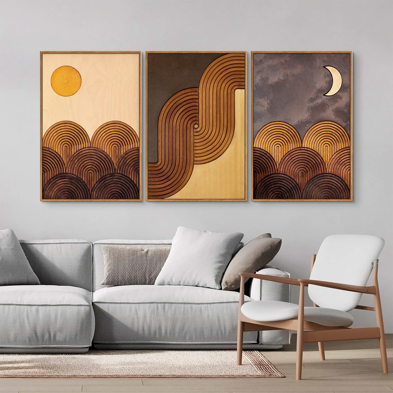 Tinonedraw Boho Mountain Framed Canvas Wall Art Set, Mid Century Modern Geometric Line Wall Decor