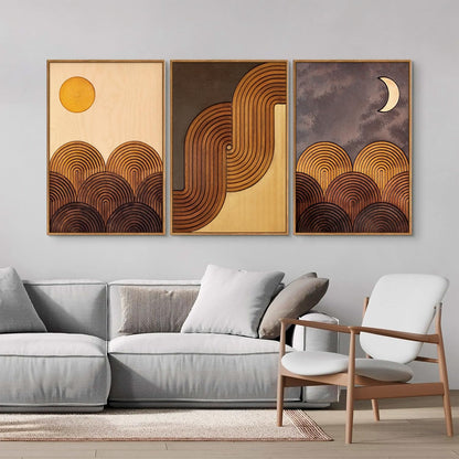 Tinonedraw Boho Mountain Framed Canvas Wall Art Set, Mid Century Modern Geometric Line Wall Decor