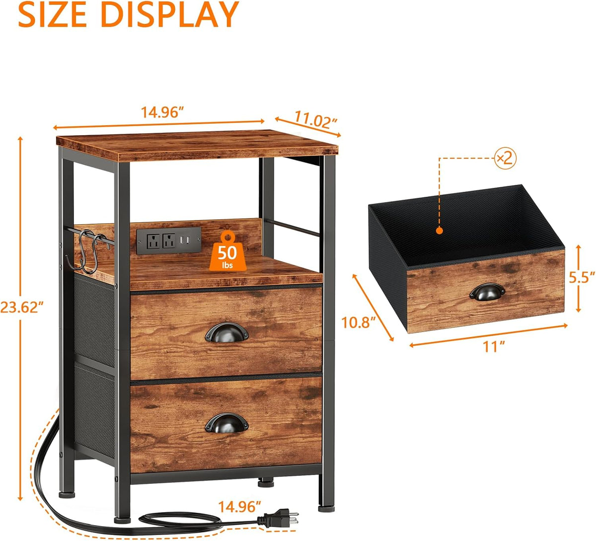 Furologee End Table with Charging Station, Nightstand with Fabric Drawers, Side Table with USB