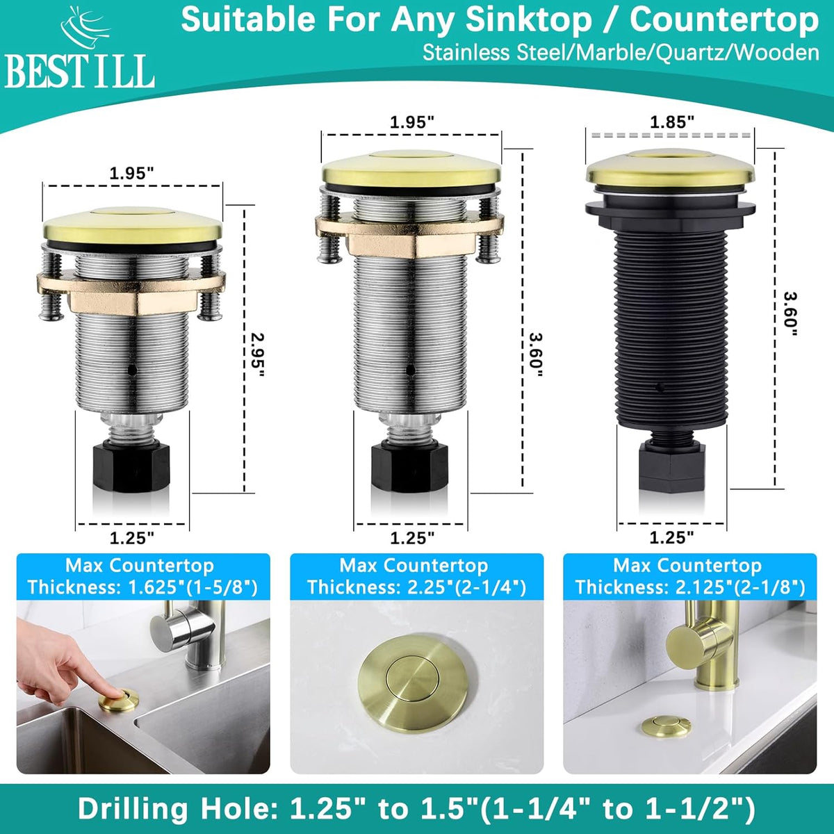 BESTILL Garbage Disposal Air Switch Kit - Brushed Gold Garbage Disposals Button, 3.6” Long Sink Top