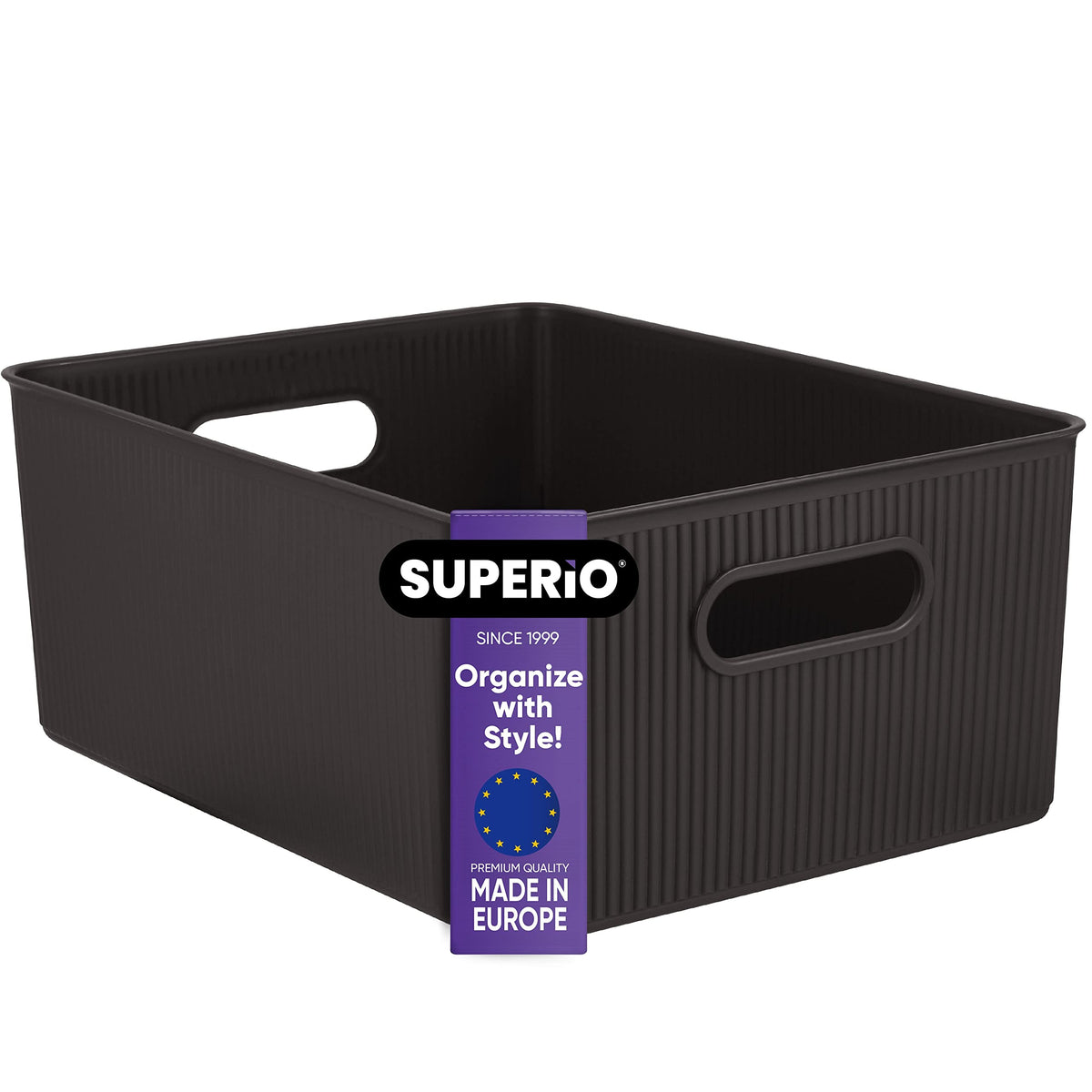 Superio Ribbed Collection - Decorative Plastic Basket Open Home Storage Bins Organizer, Large Brown