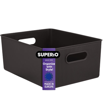 Superio Ribbed Collection - Decorative Plastic Basket Open Home Storage Bins Organizer, Large Brown