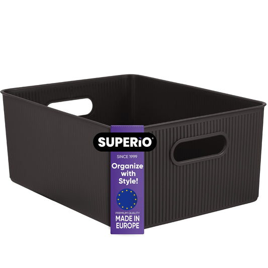 Superio Ribbed Collection - Decorative Plastic Basket Open Home Storage Bins Organizer, Large Brown