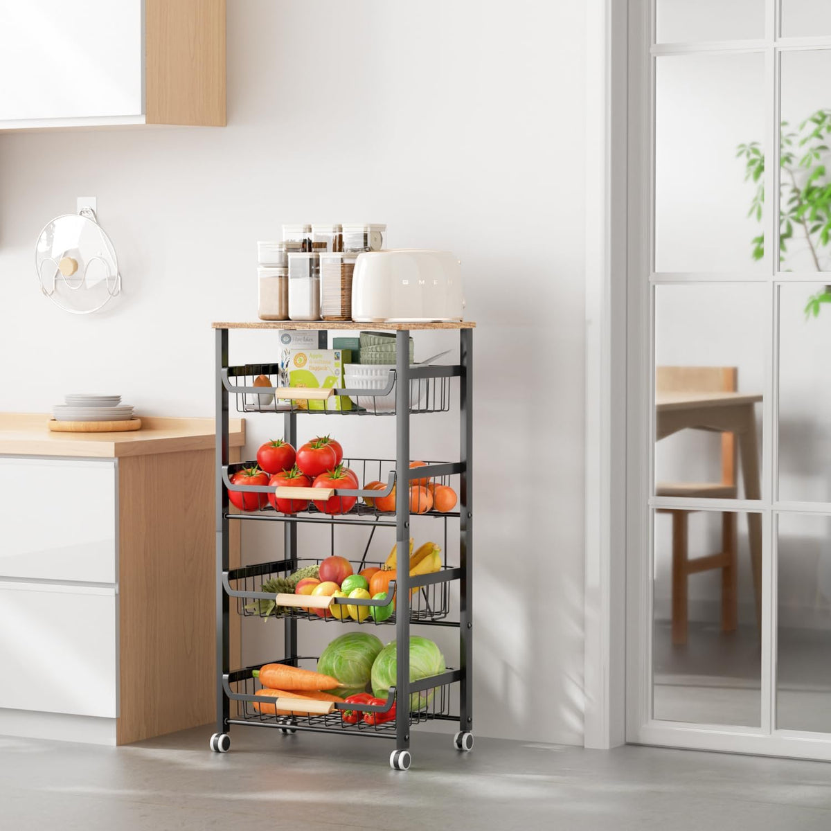 5-Layer Fruit Basket Kitchen Food Organizer and Rack, Stackable Storage Cart with Desktop, Pull-Out