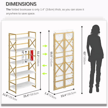 4NM 5 Tiers No Assembly Book Shelves, 51.2" H Folding Bookshelf Bookcase Open Industrial Foldable