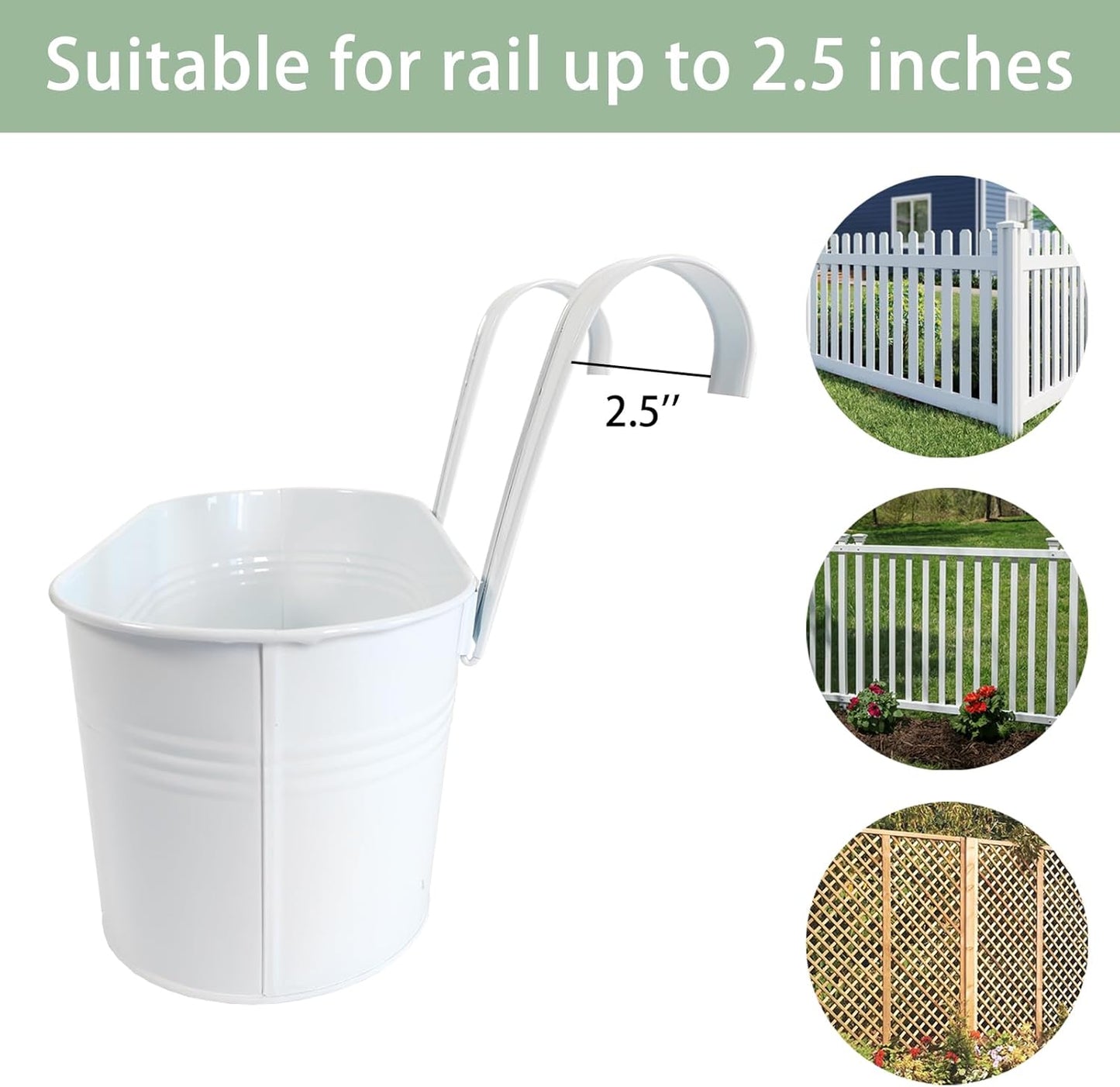 10" Hanging Flower Pots, Pack of 4 White Metal Outdoor Patio Balcony Planter, Railing Planters