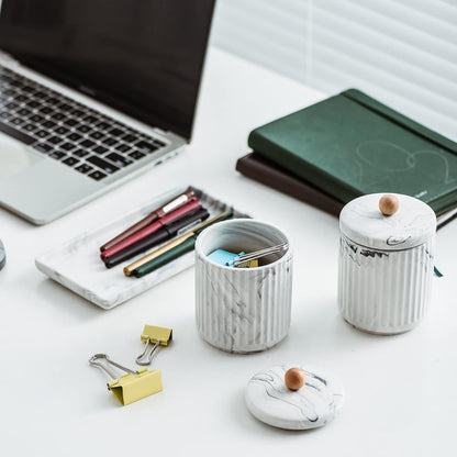 Marble Small Bathroom Jar Set ，Ceramic Cotton Swabs Holder with Lid and Dresser Organizer Set Tray