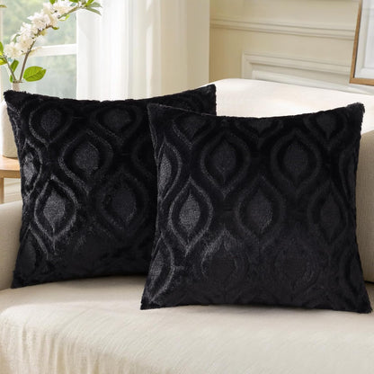 decorUhome Fall Throw Pillow Covers 24x24 Inch Set of 2, Soft Plush Decorative Faux Fur Black Solid